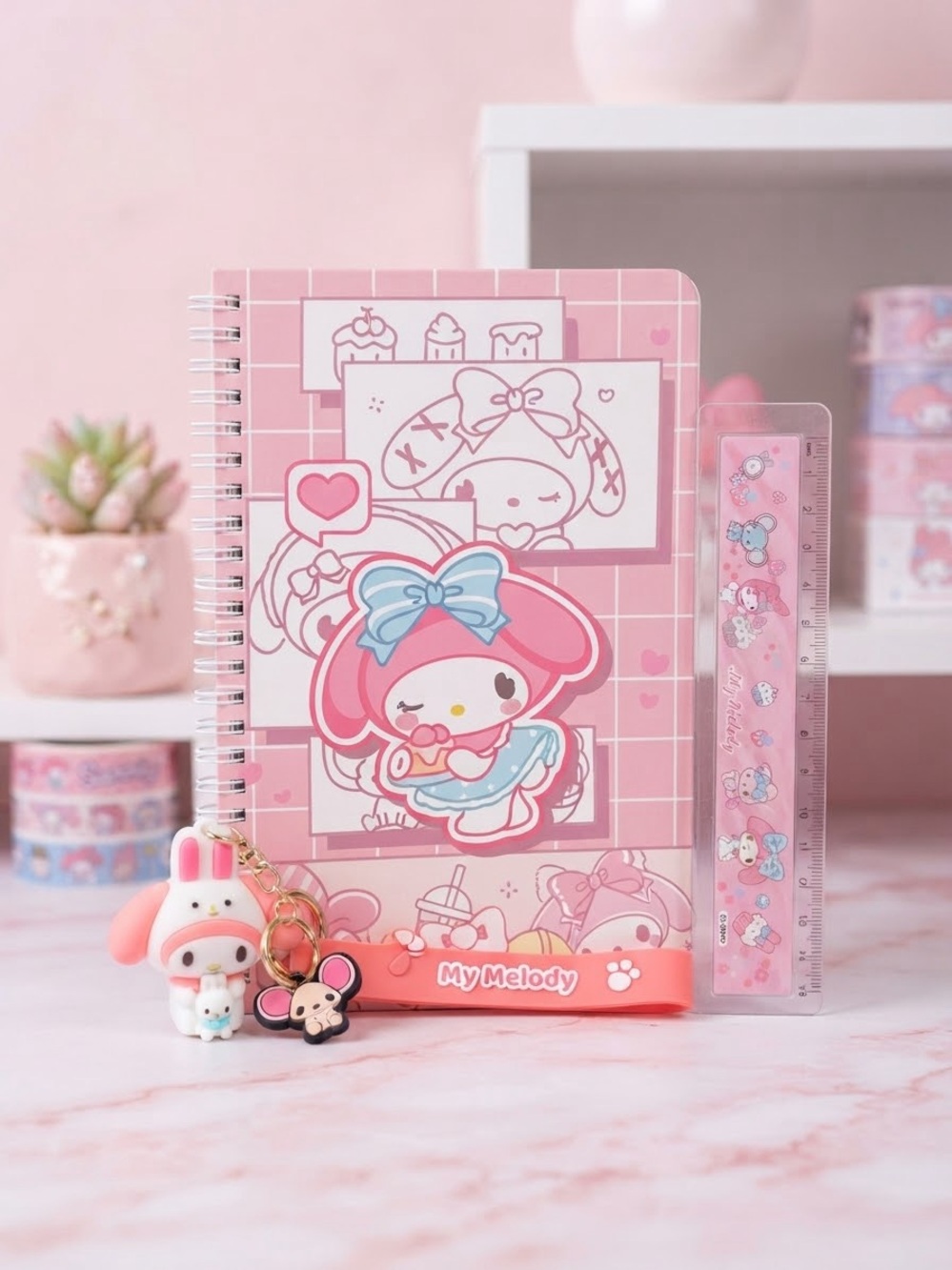 My Melody Stationery Set Notebook Ruler Keychain Cute Pink Aesthetic Gift